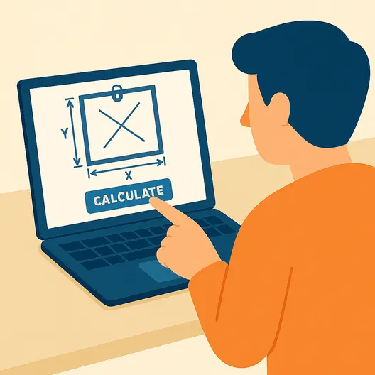 Illustration of a person pressing the Calculate button on a laptop showing PerfectHang’s drill-point diagram